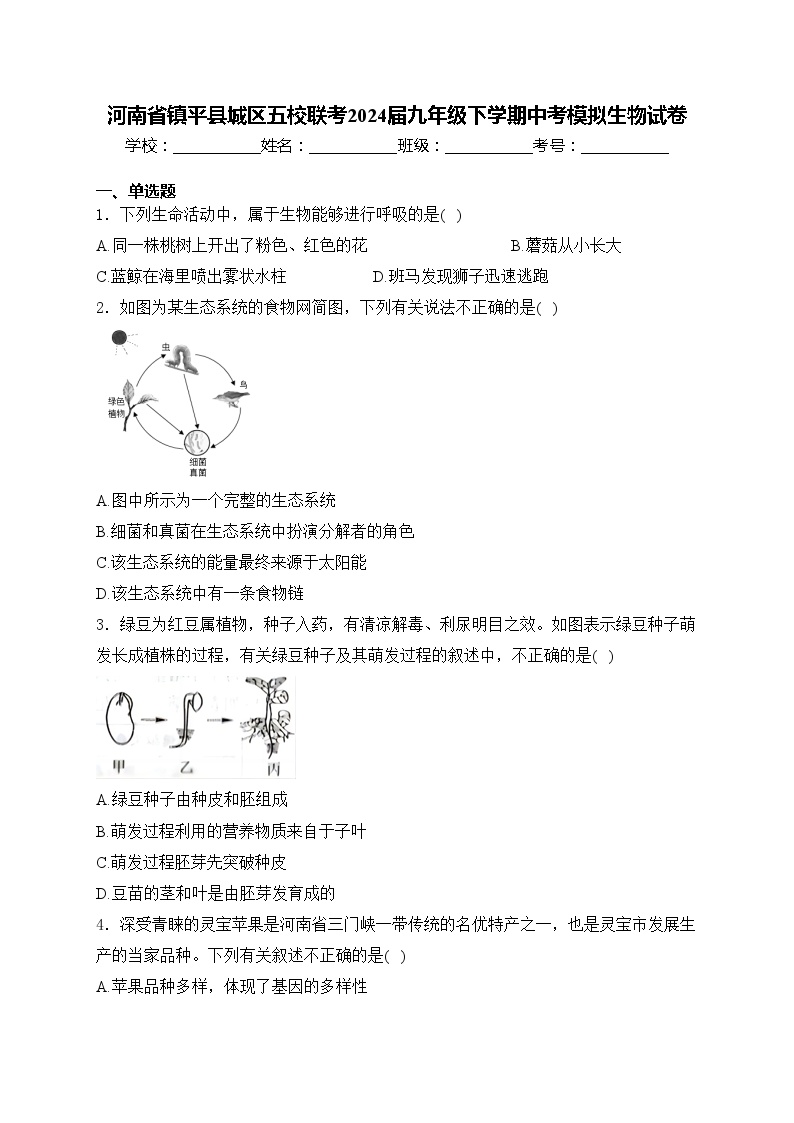 河南省镇平县城区五校联考2024届九年级下学期中考模拟生物试卷(含答案)