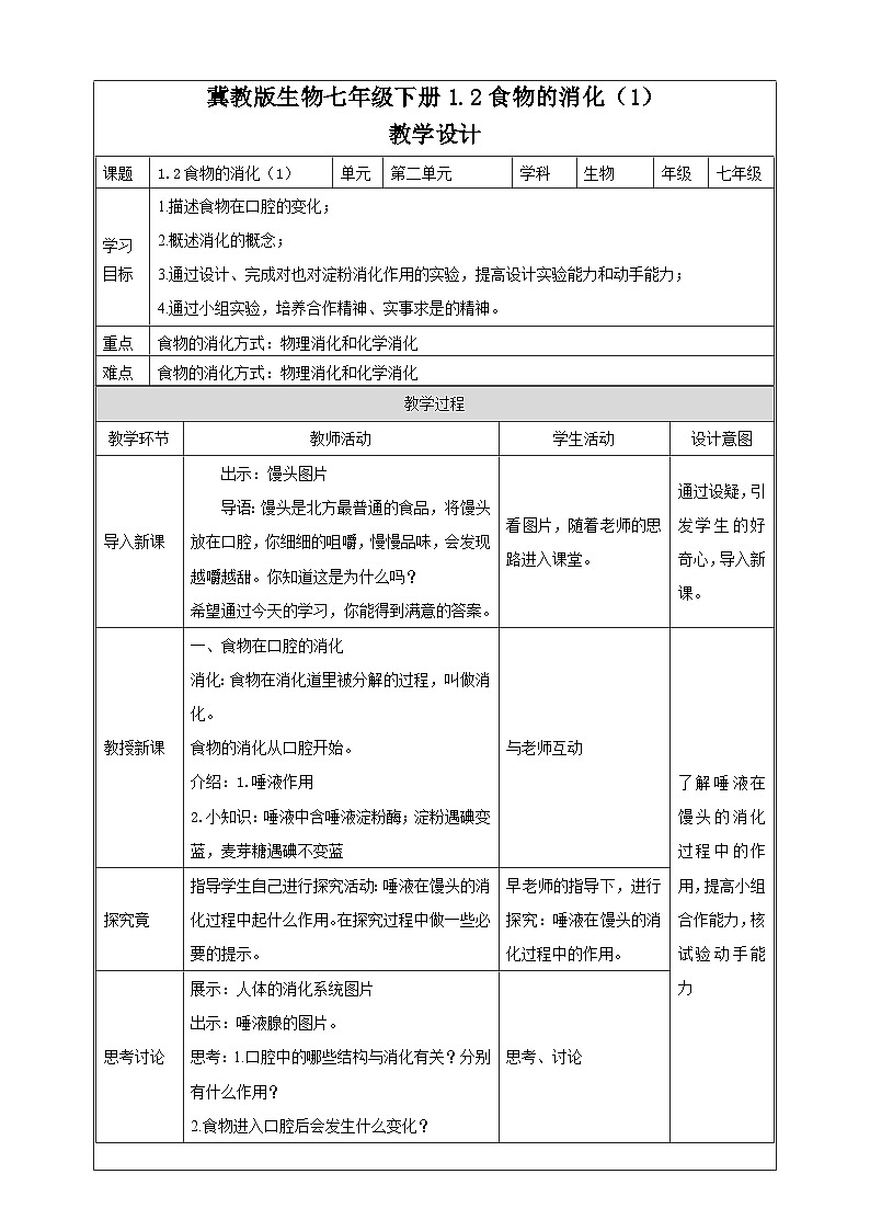 冀教版生物七下2.1.2食物的消化(1)教案第1页