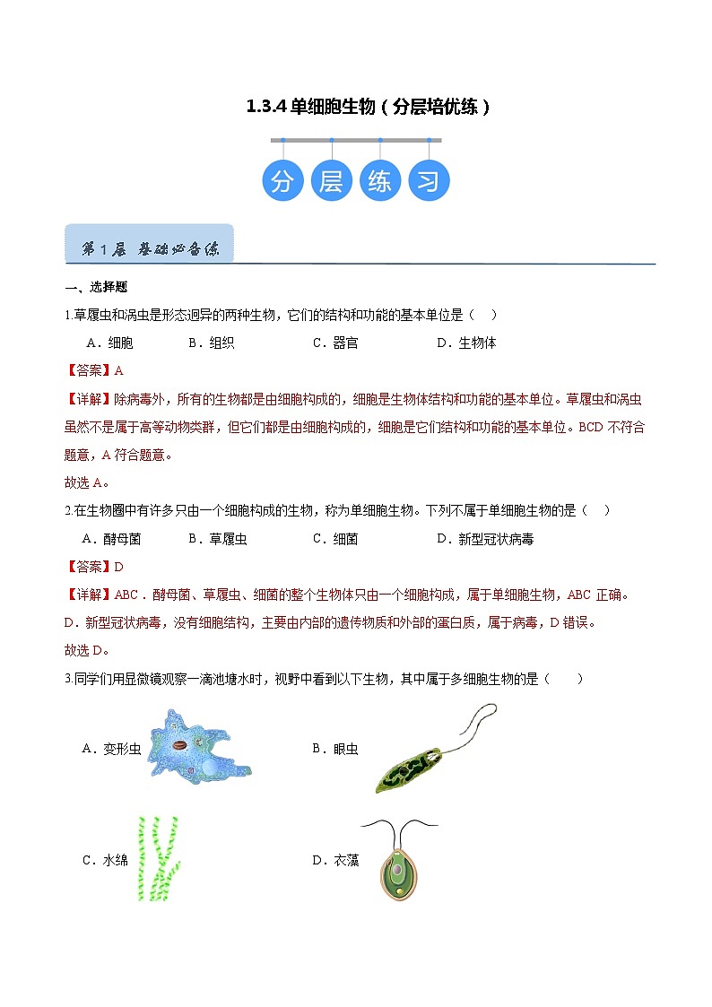 1.3.4 单细胞生物(解析版)第1页