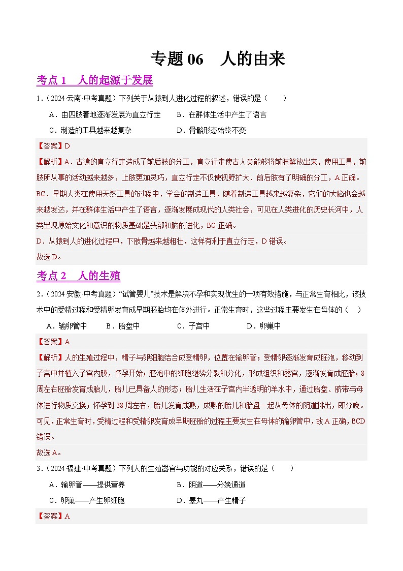 专题06 人的由来(教师卷+学生卷)- 2024年中考生物真题分类汇编(全国通用)01