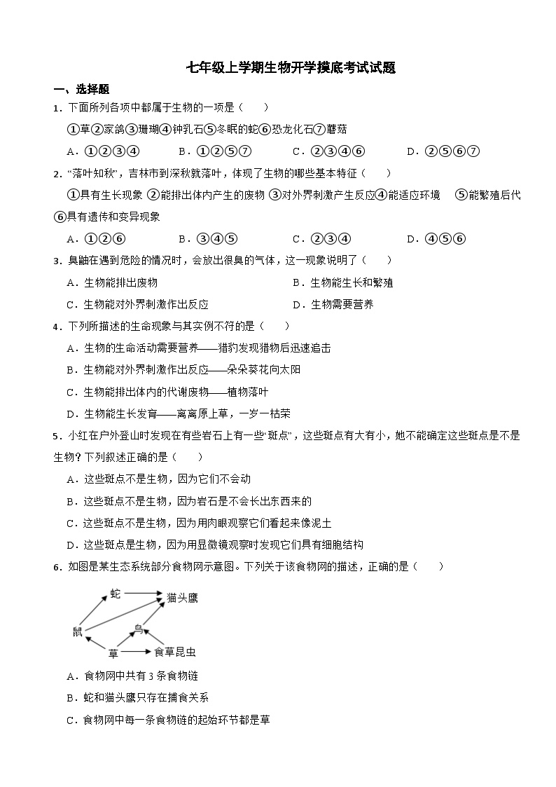 广东省2024年七年级上学期生物开学摸底考试试题附答案