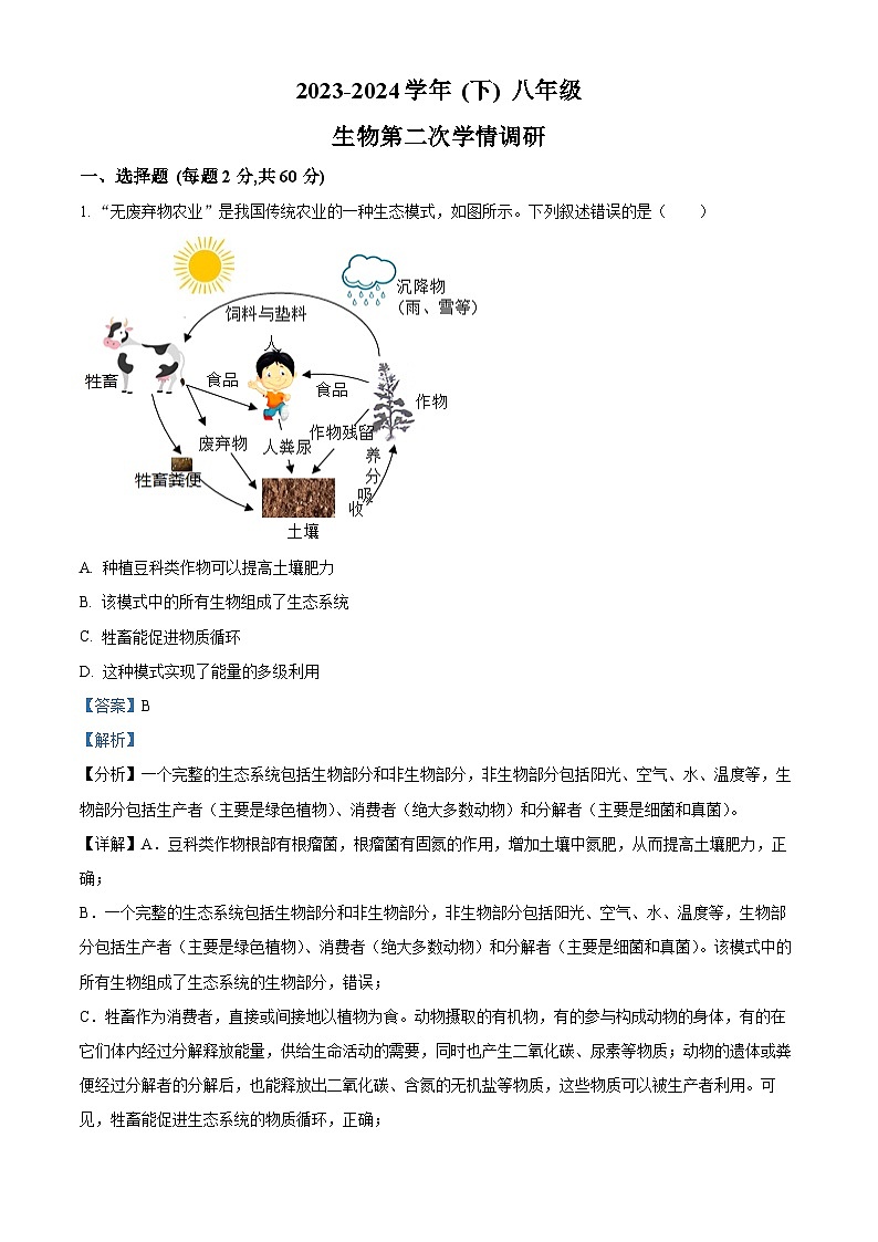 2024年四川省自贡市富顺县中考二模生物试题(解析版)第1页