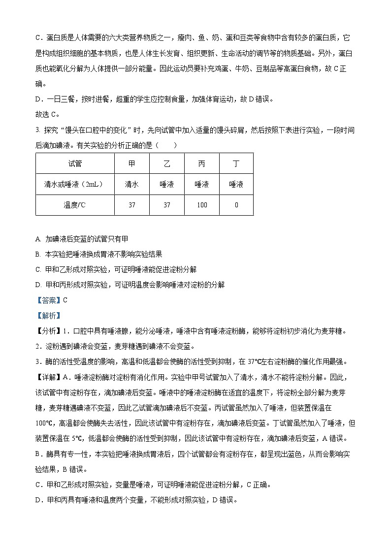 河南省许昌市长葛市2023-2024学年七年级下学期期末生物学试题(解析版)第2页