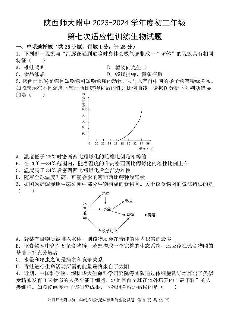 陕西师大附中 2023-2024 学年度初二年第七次适应性训练生物试题 陕西师大附中 2023-2024 学年度初二年第七次适应性训练生物试题第1页