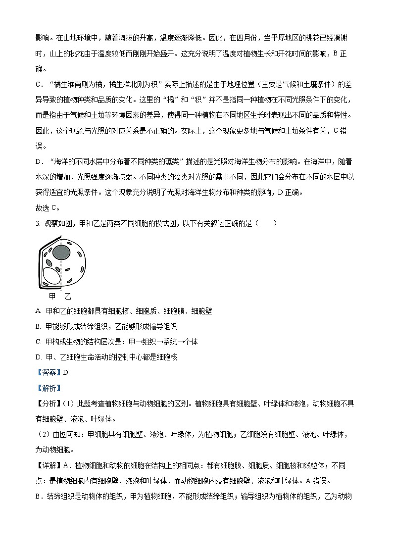 2024年山東省淄博市周村區(qū)中考二模生物試題（解析版）第2頁