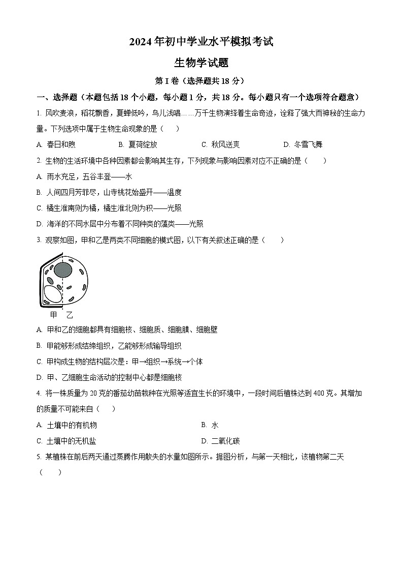 2024年山東省淄博市周村區(qū)中考二模生物試題（原卷版）第1頁