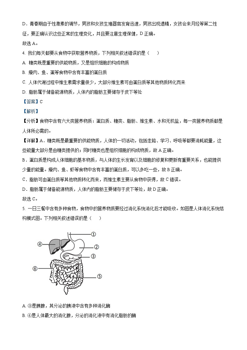 河南省南阳市邓州市2023-2024学年七年级下学期期末生物试题(原卷版+解析版)03