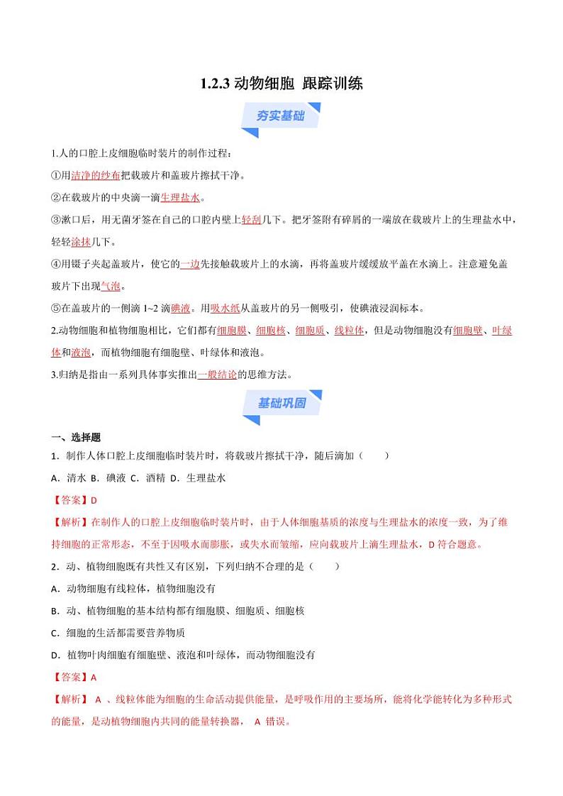 1.2.3 动物细胞(跟踪训练)(含答案) 2024-2025学年七年级生物上学期同步课件+分层练(2024人教版)01