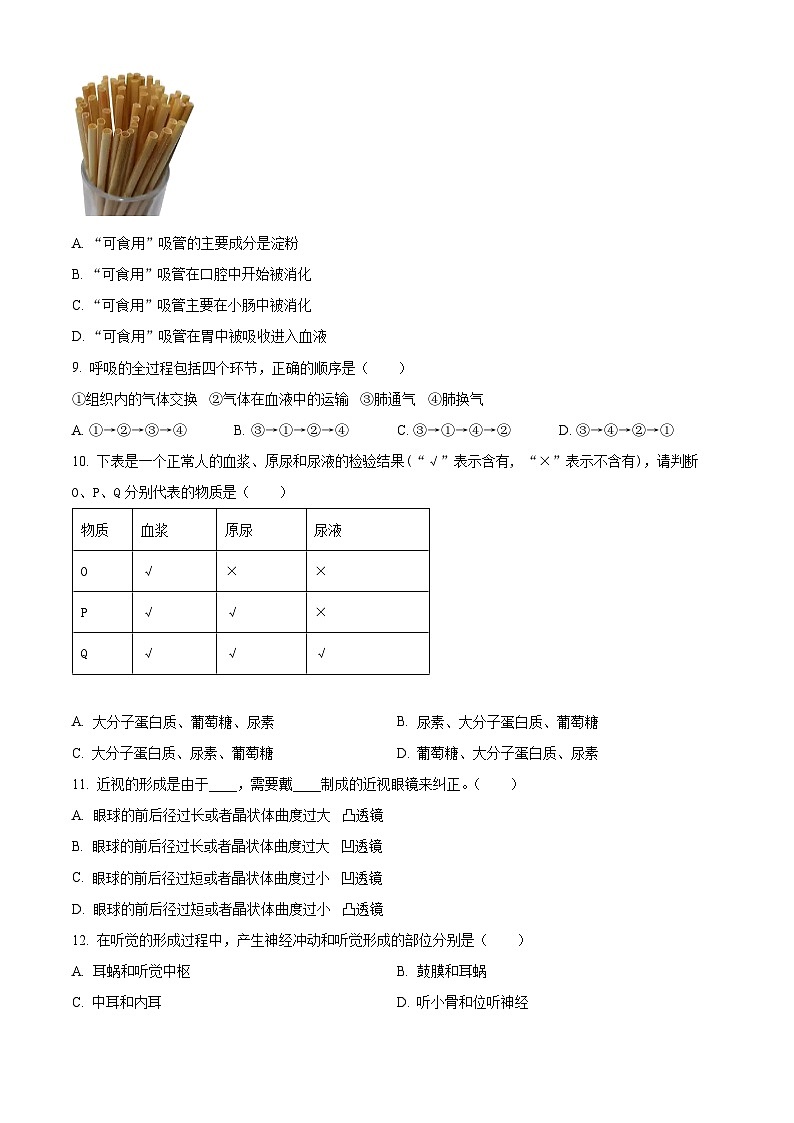 安徽省宿州市萧县2023-2024学年七年级下学期期末生物学试题(原卷版)第2页