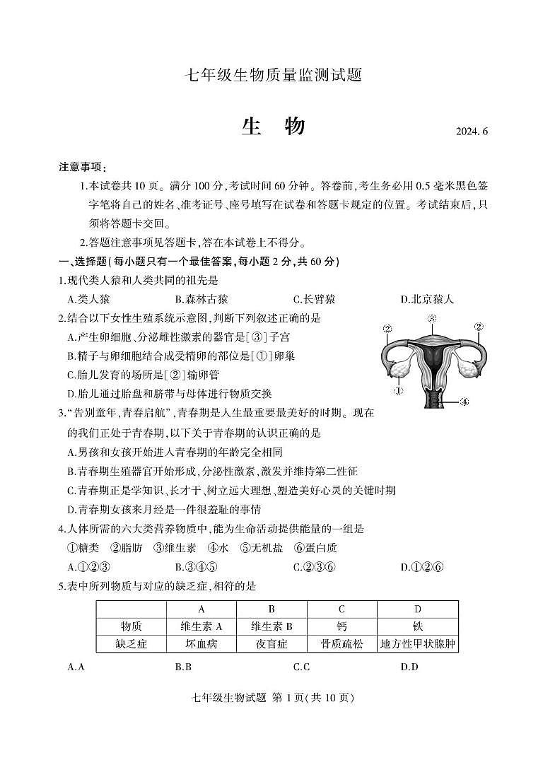 山东省临沂市费县2023-2024学年七年级下学期期末考试生物试题01