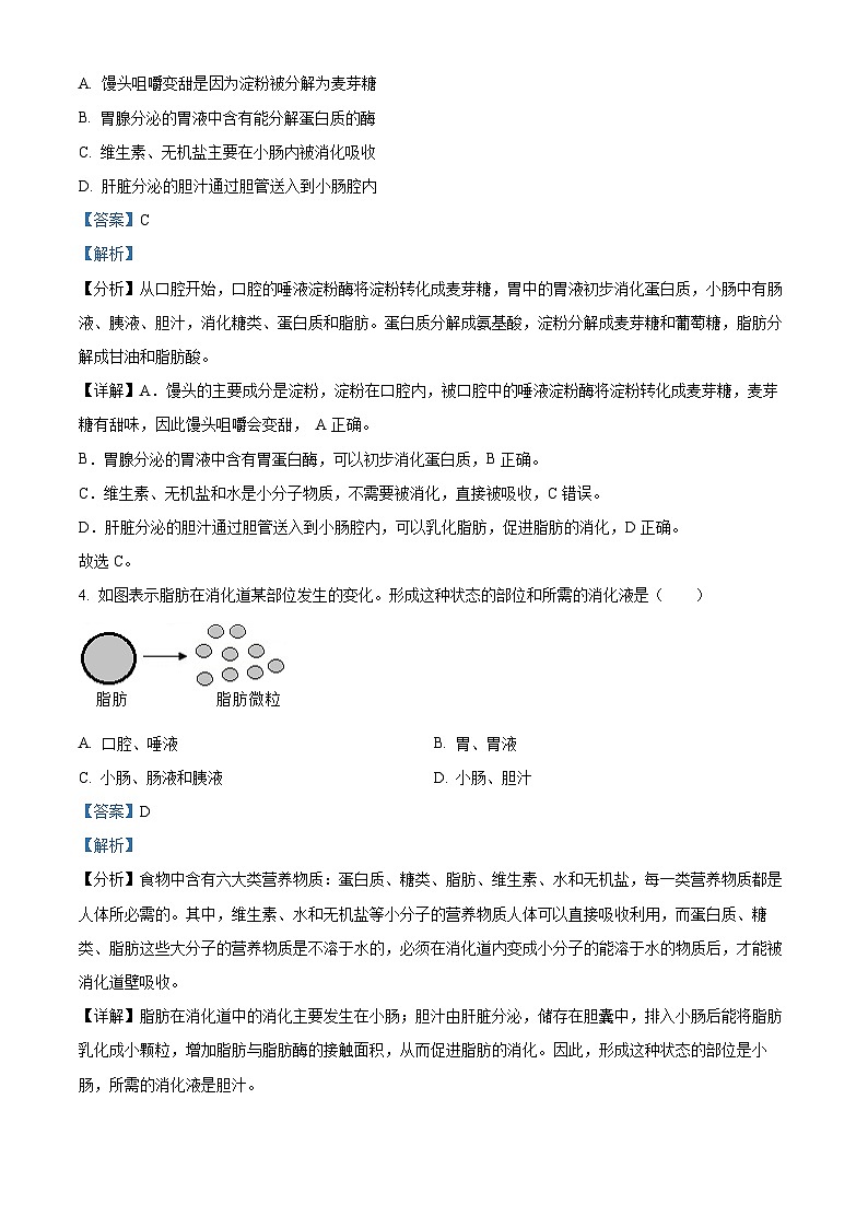 山东省德州市庆云县2023-2024学年七年级下学期期末生物试题(解析版)第3页