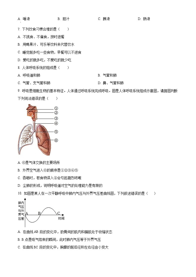 河北省承德市宽城满族自治县2023-2024学年七年级下学期期末生物学试题(原卷版+解析版)02