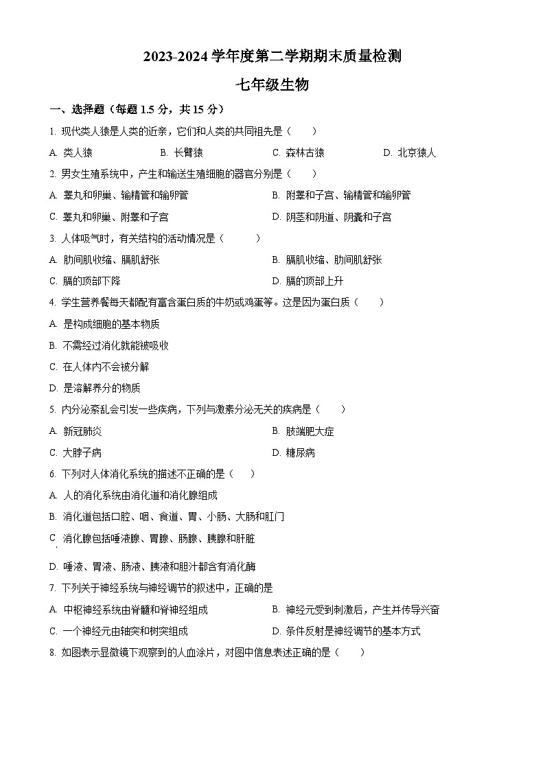 甘肃省武威市凉州区2023-2024学年七年级下学期期末生物试题(原卷版)第1页
