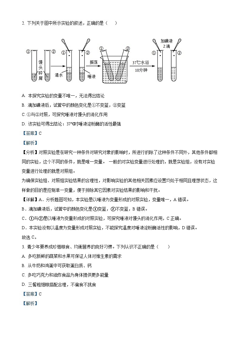 山东省菏泽市成武县2023-2024学年七年级下学期期末生物学试题(解析版)02