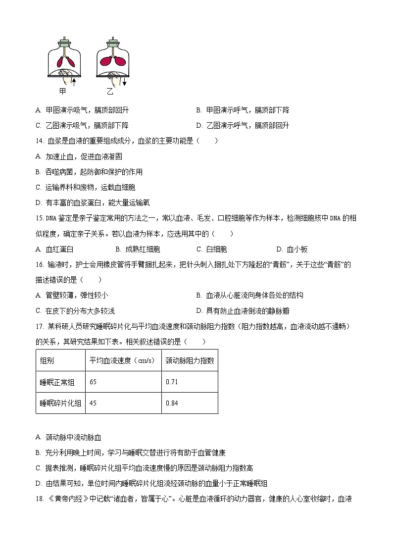 云南省昆明市五华区2023-2024学年七年级下学期期末生物学试题(原卷版)第3页