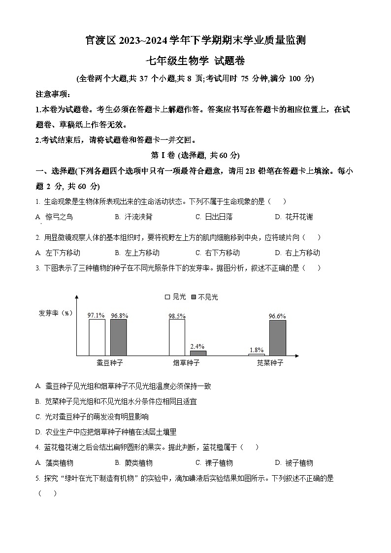 云南省昆明市官渡区2023-2024学年七年级下学期期末生物试题(原卷版)第1页