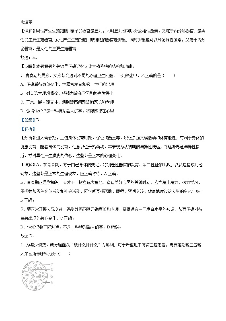 广东省肇庆市封开县2023-2024学年七年级下学期期末生物学试题(原卷版+解析版)02