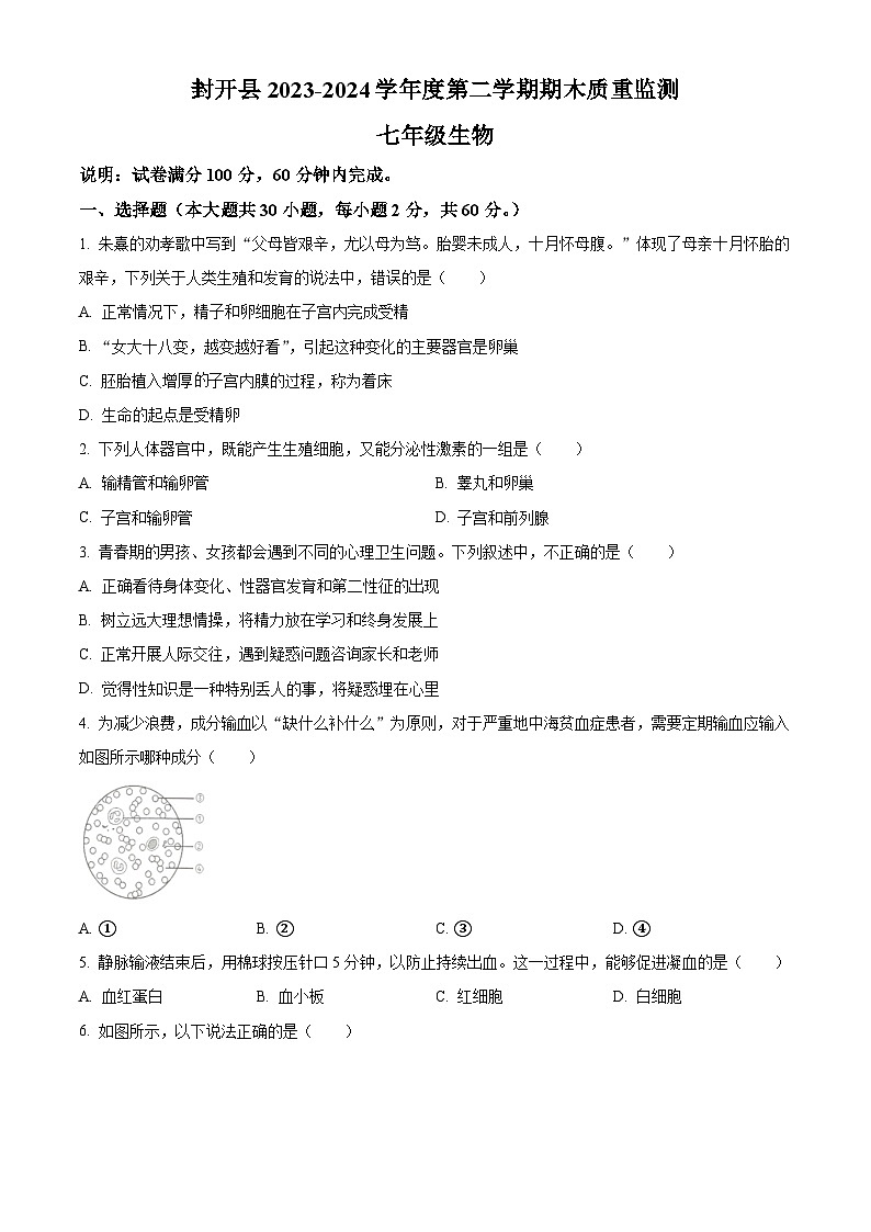 广东省肇庆市封开县2023-2024学年七年级下学期期末生物学试题(原卷版+解析版)01