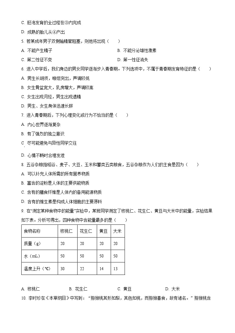 云南省昆明市盘龙区2023-2024学年七年级下学期期末生物学试题(原卷版)第2页