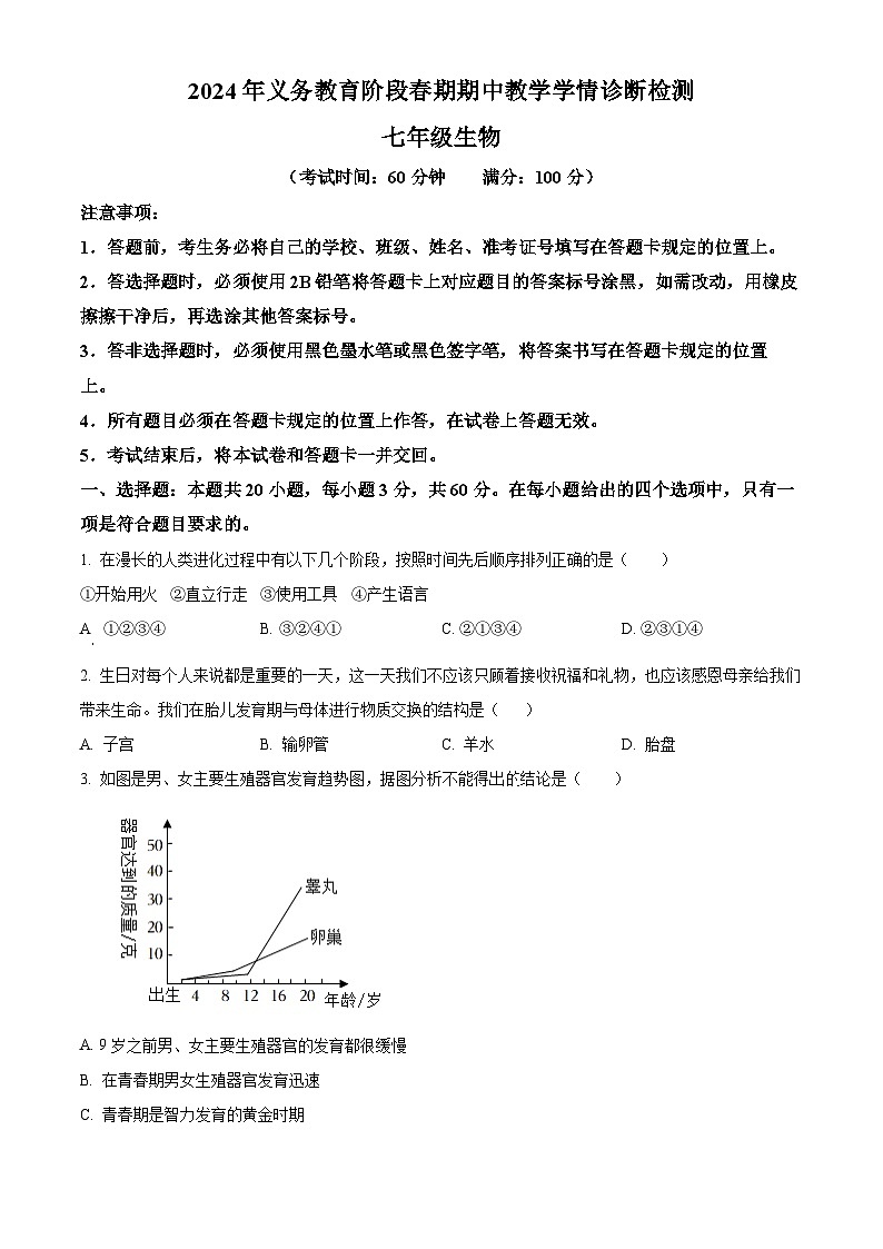 四川省宜宾市兴文县2023-2024学年七年级下学期期中生物学试题(原卷版)第1页