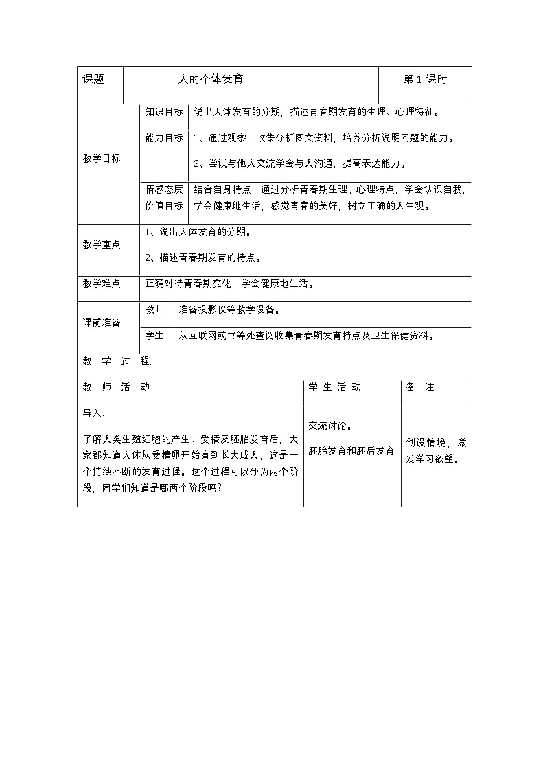 苏科版生物八年级上册7.21.2人的个体发育教案01