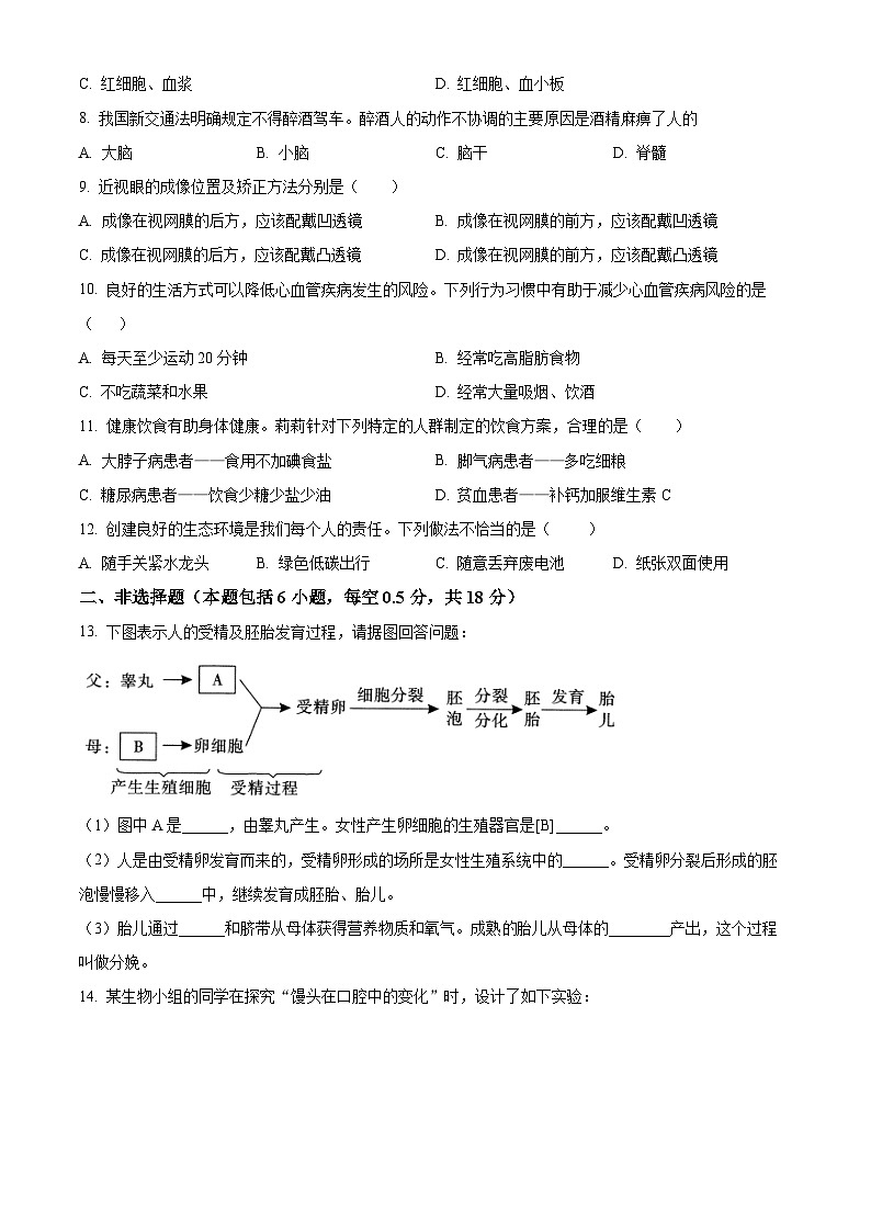 辽宁省鞍山市海城市2023-2024学年七年级下学期期末生物学试题(原卷版)第2页