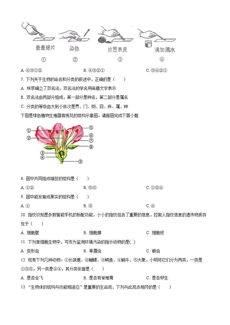 江苏省淮安市清江浦区2023-2024学年七年级下学期期末生物试题(原卷版)第2页