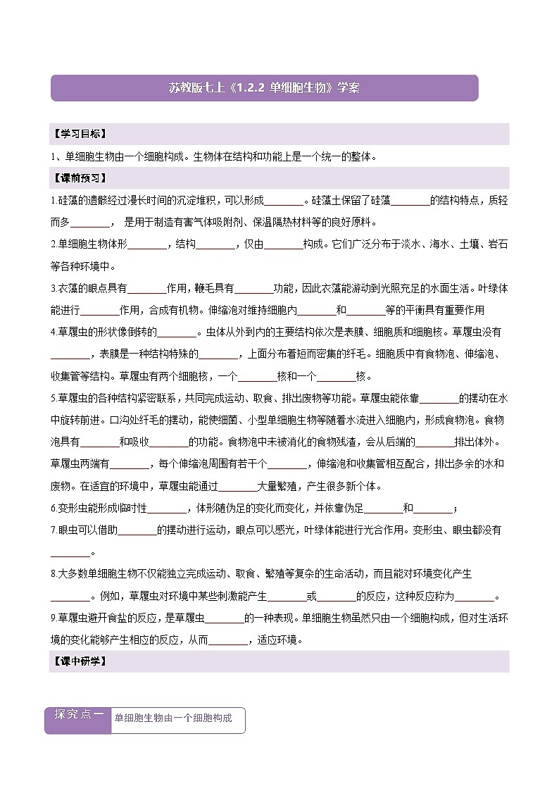 【新教材】苏教版生物七年级上册1.2.2 单细胞生物 课件+学案(含答案)01