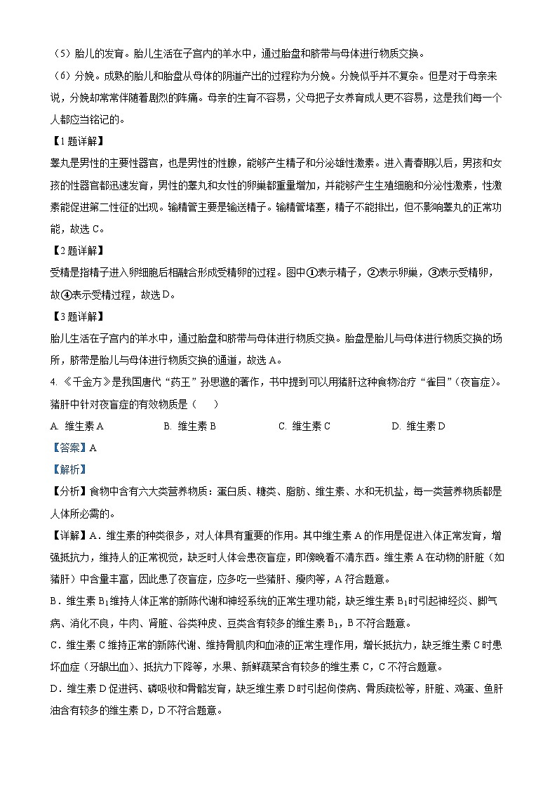 重庆市开州区德阳初级中学2023-2024学年七年级下学期第一次月考生物试题(原卷版+解析版)02