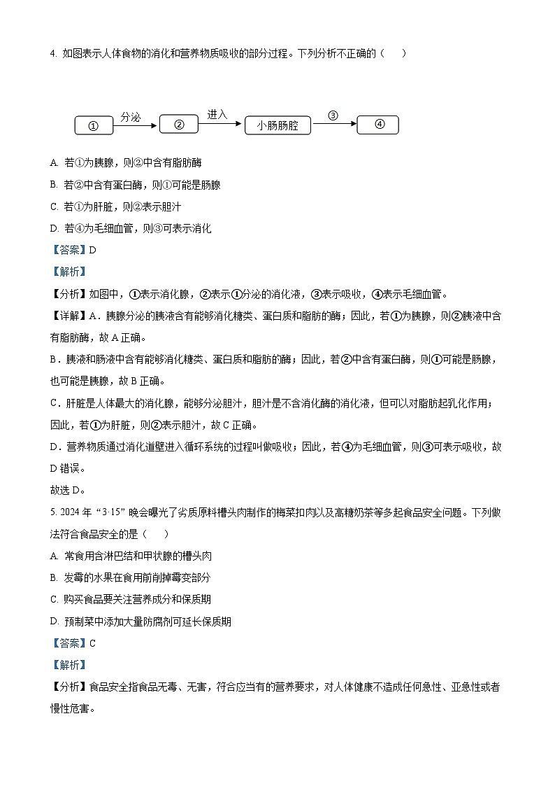 山东省德州市武城县2023-2024学年七年级下学期期末生物学试题(解析版)第3页