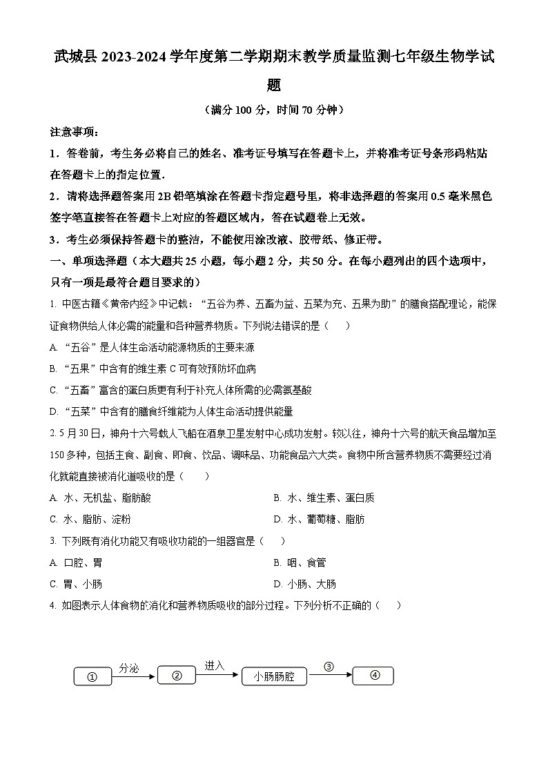 山东省德州市武城县2023-2024学年七年级下学期期末生物学试题(原卷版)第1页