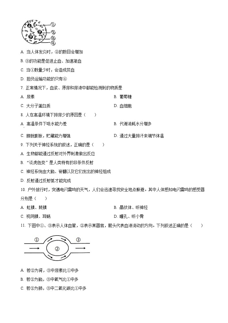 辽宁省沈阳市皇姑区2023-2024学年七年级下学期期末生物学试题(原卷版)02