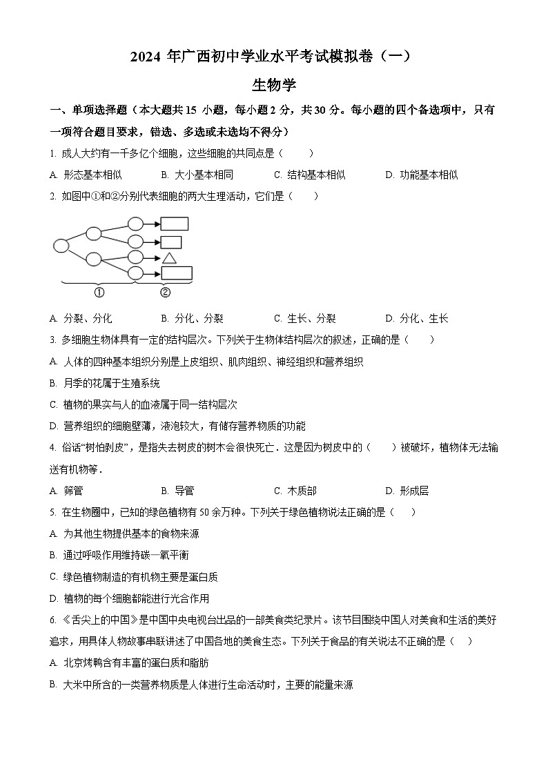 2024年广西崇左市宁明县城镇第一中学初中学业水平模拟考试生物试题(一)(原卷版)第1页
