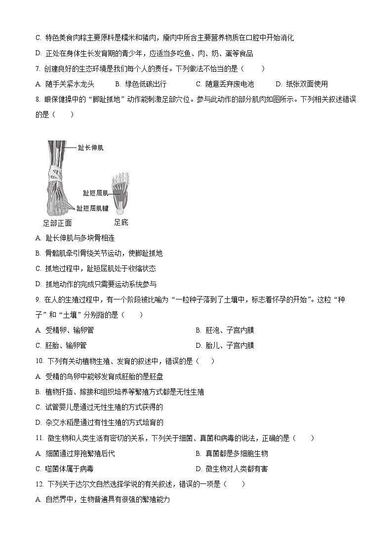 2024年广西崇左市宁明县城镇第一中学初中学业水平模拟考试生物试题(一)(原卷版)第2页