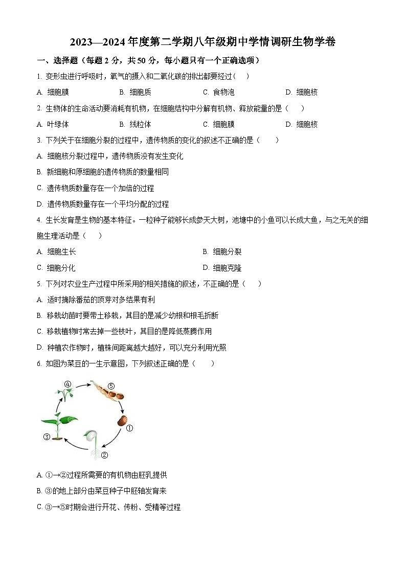 安徽省淮南市洞山中学2023-2024学年八年级下学期期中生物学试题(原卷版)01