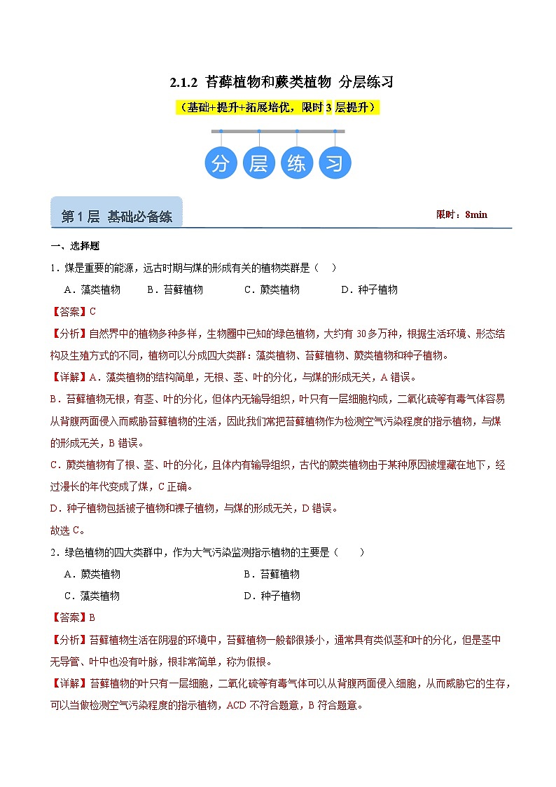 【核心素养】冀少版(2024)生物七年级上册 2.1.2 植物(一、苔藓植物和蕨类植物) 同步课件+同步练习01