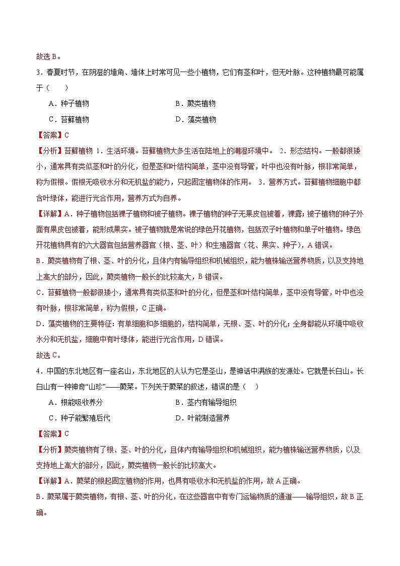 【核心素养】冀少版(2024)生物七年级上册 2.1.2 植物(一、苔藓植物和蕨类植物) 同步课件+同步练习02