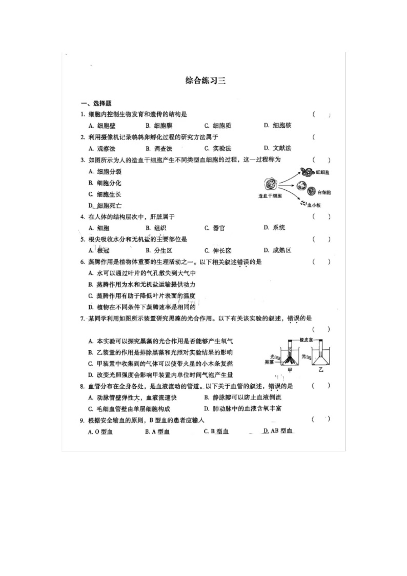 2024北京市初中学业水平考试生物学 综合练习三试卷&答案