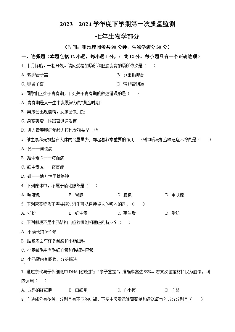 辽宁省沈阳市铁西区2023-2024学年七年级下学期期中生物学试题(原卷版)第1页