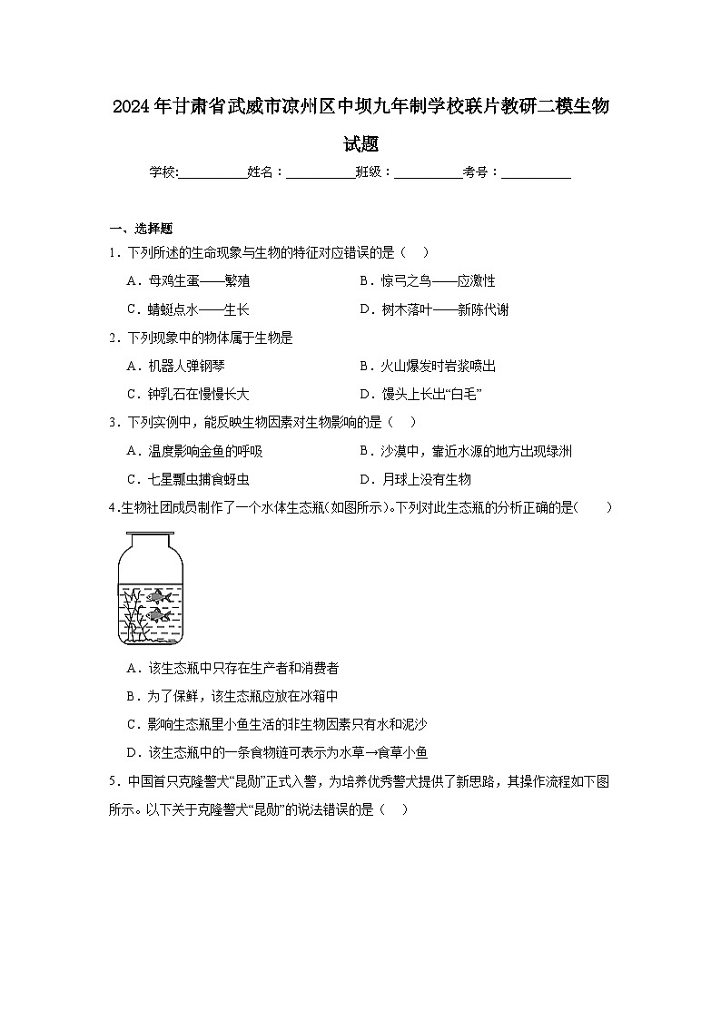 2024年甘肃省武威市凉州区中坝九年制学校联片教研二模生物试题(附答案解析)01