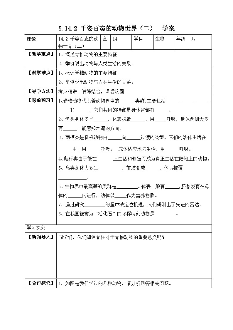 苏教版生物八上 5.14.2《千姿百态的动物世界(二)》课件+学案+练习(原卷版+解析卷)01