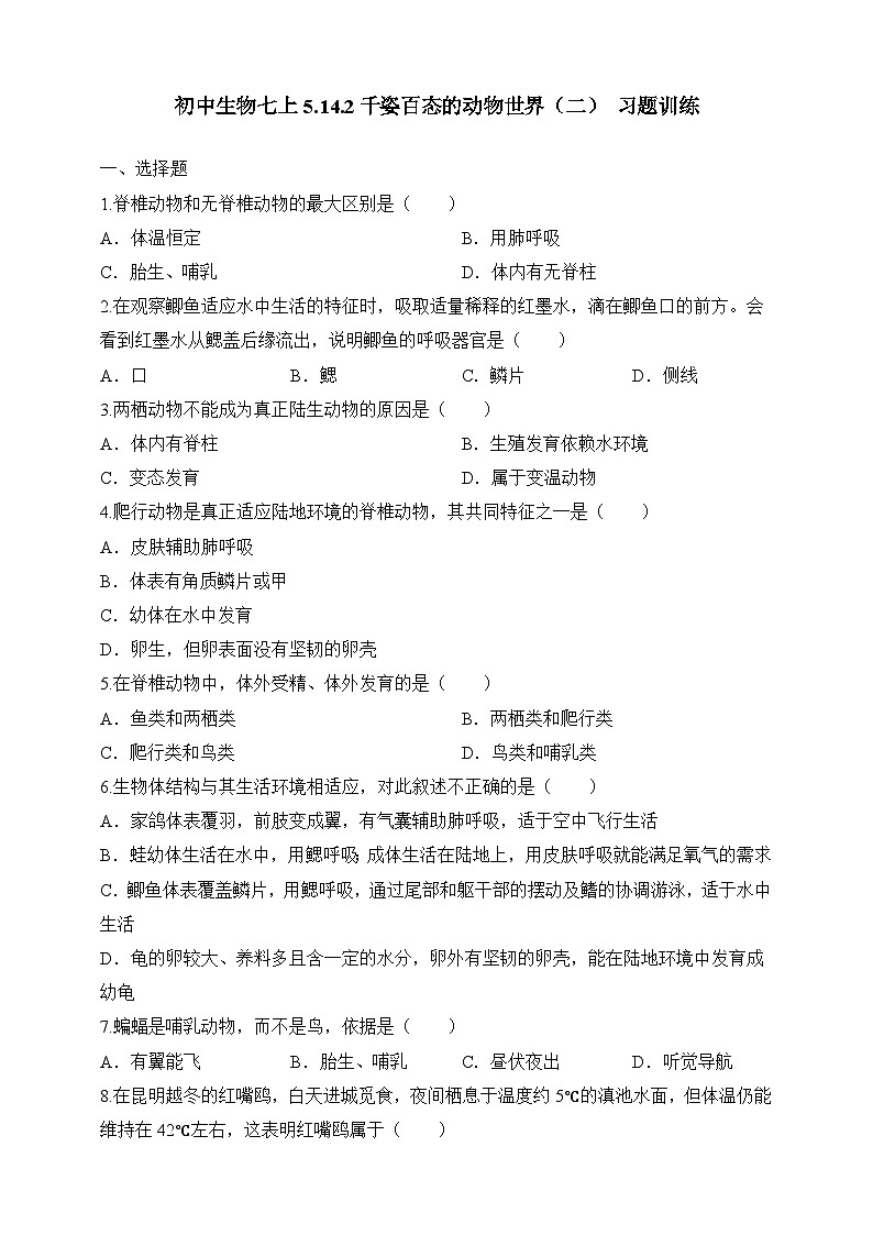 苏教版生物八上 5.14.2《千姿百态的动物世界(二)》课件+学案+练习(原卷版+解析卷)01