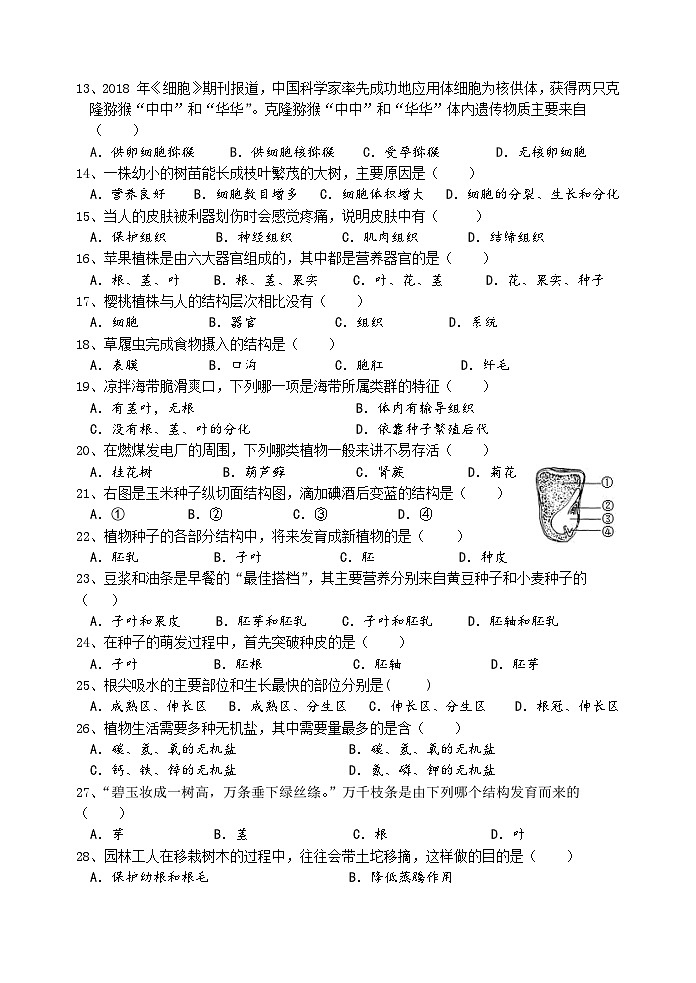 湖南省湘西自治州溶江中学2023-2024学年七年级上学期期末考试生物试题02