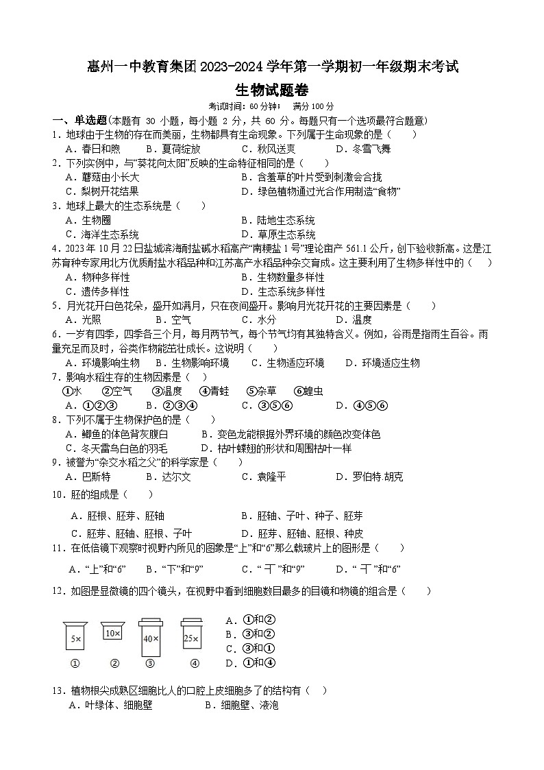 广东省惠州市第一中学教育集团2023-2024学年七年级上学期期末考试生物试题01
