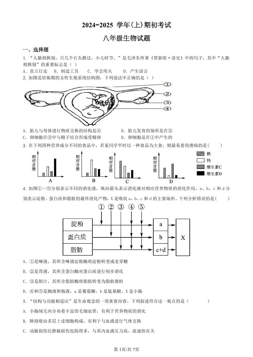 山东省聊城市冠县育才双语学校2024-2025学年八年级上学期开学考试生物试题