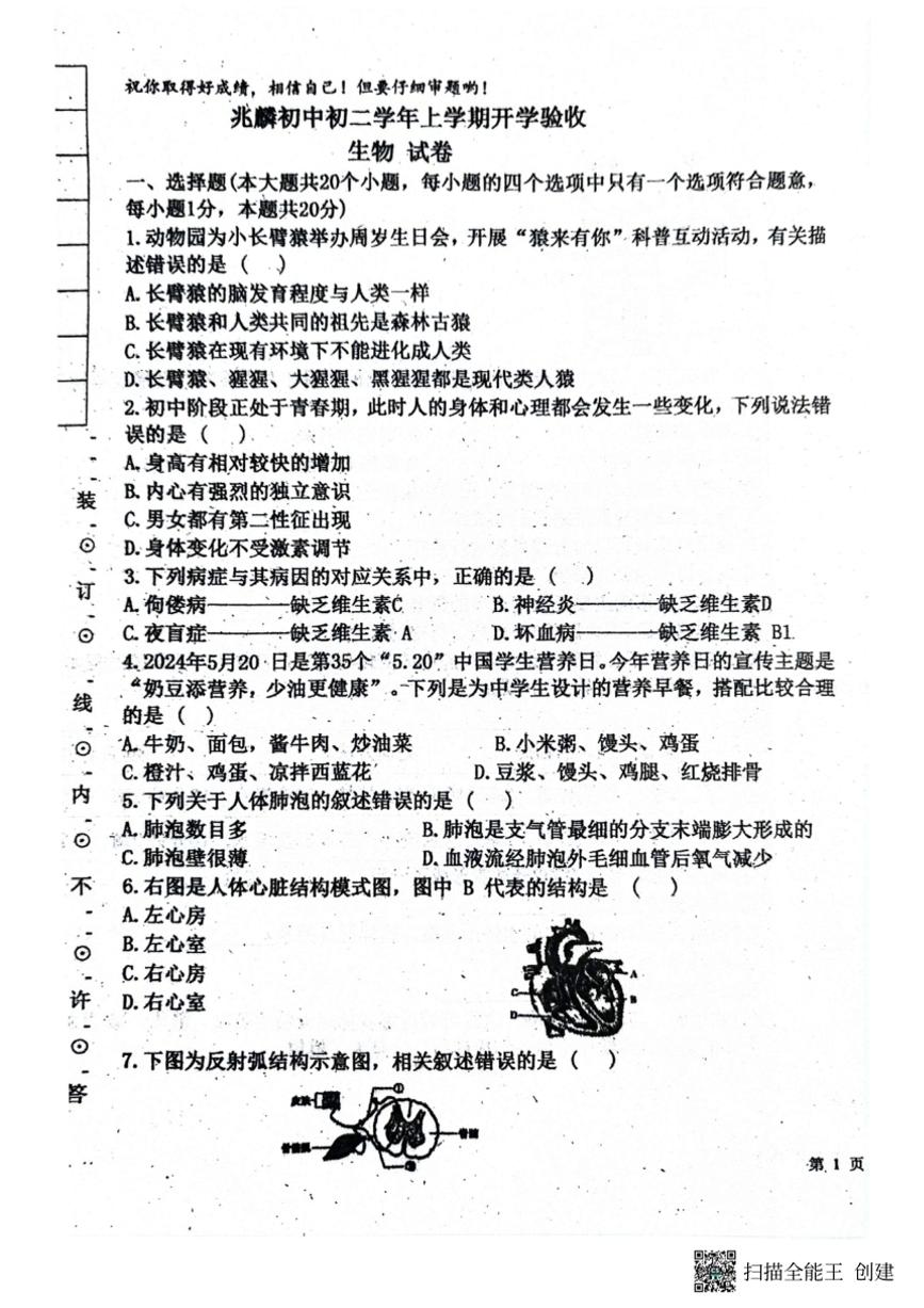 [生物]黑龙江省哈尔滨市双城区兆麟初级中学2024～2025学年八年级上学期开学试题(有答案)