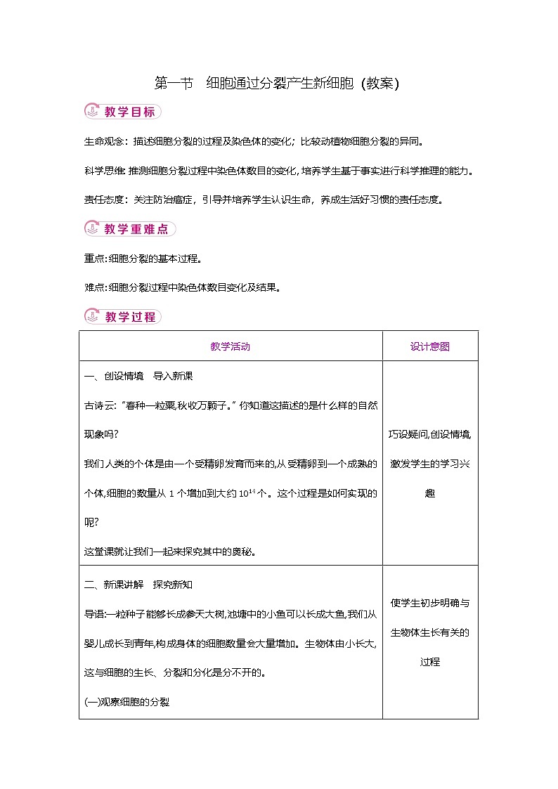 【新教材新课标】人教版生物七上1.3.1细胞通过分裂产生新细胞 课件+教案+习题(含答案)01