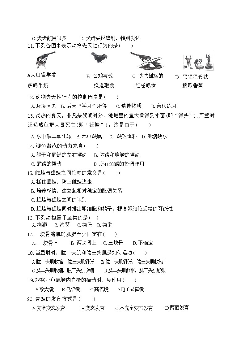 新疆喀什地区英吉沙县2023-2024学年八年级上学期期中生物试题02