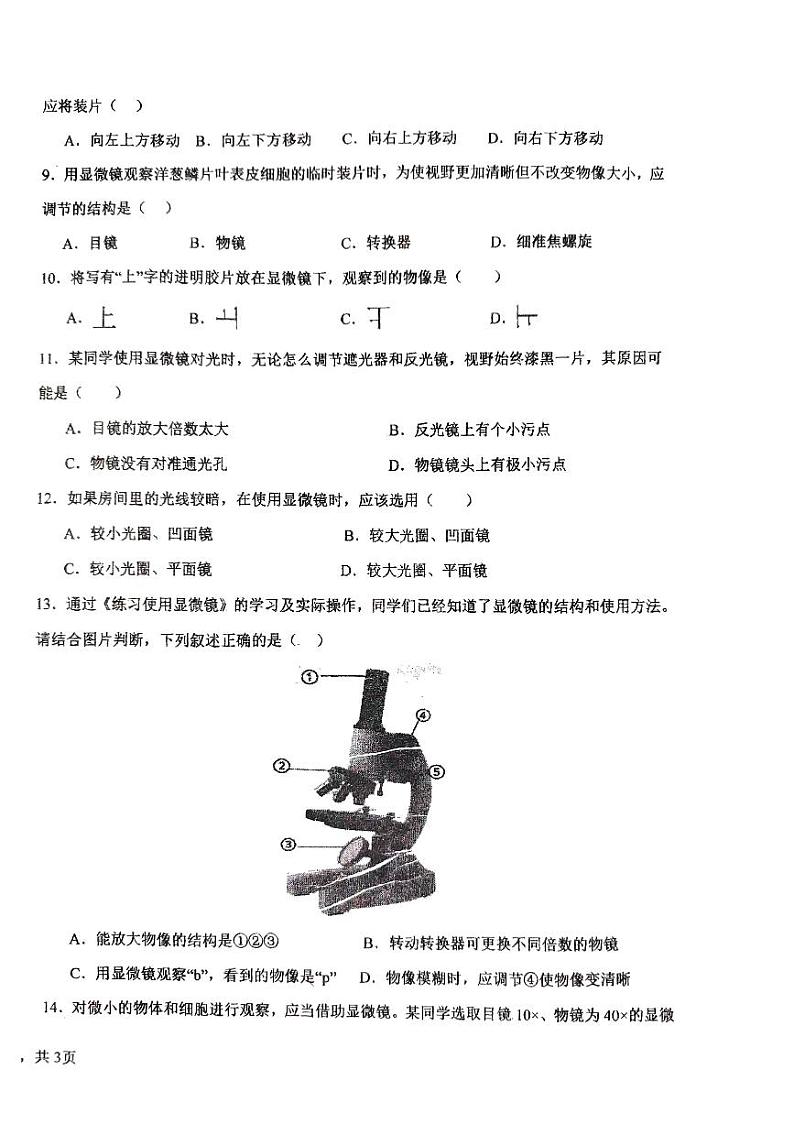 吉林省长春市第八十九中学2024-2025学年七年级上学期9月月考生物试题第2页