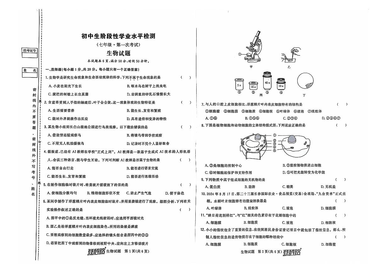 吉林省松原市前郭一中、前郭三中、前郭萨日朗学校2024—2025学年七年级上学期阶段性学业水平检测 第一次考试 生物试题